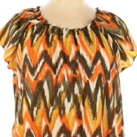 Michael Kors Warm 70's Multi Color Jewel Neck Short Flutter Sleeve Blouse Sz XL - Picture 5 of 12